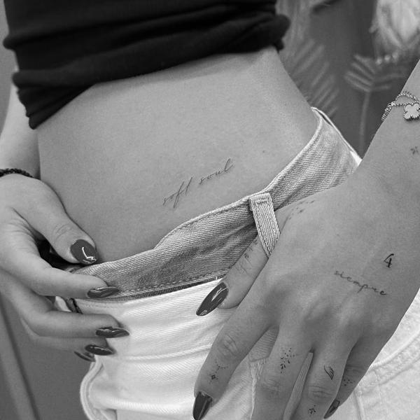 Fine line script text tattoo by @eevee.tattoo