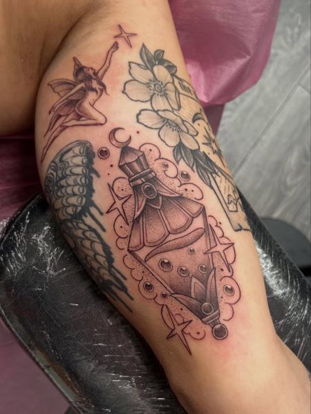 Illustrative fairy and potion bottle tattoo by @fiona_jay_tattoo