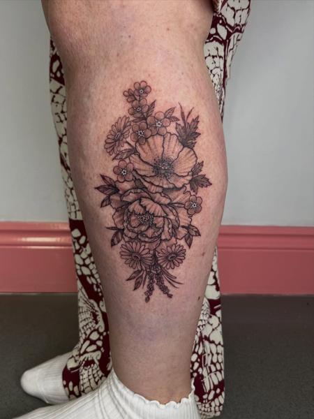Fine line floral bouquet tattoo by @fiona_jay_tattoo