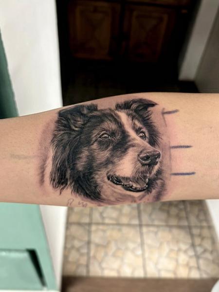 Realism dog portrait tattoo by @flozimmerertattoo