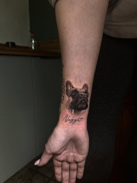 Realism dog portrait tattoo by @flozimmerertattoo