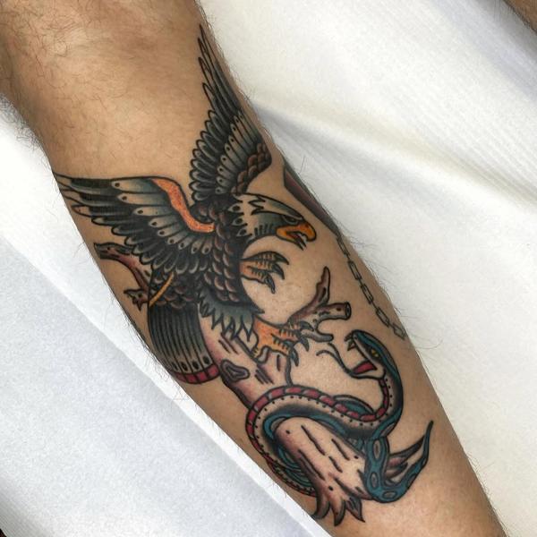 Traditional eagle and snake tattoo by @fontascast
