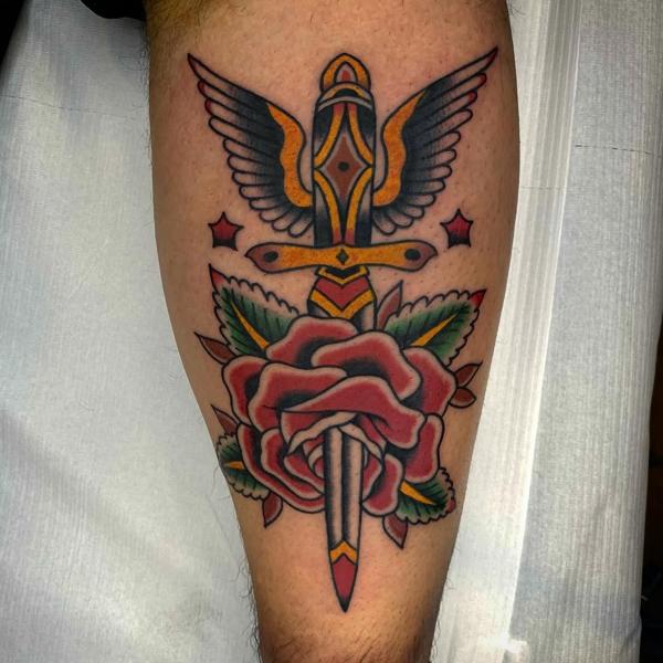 Traditional dagger and rose tattoo by @fontascast