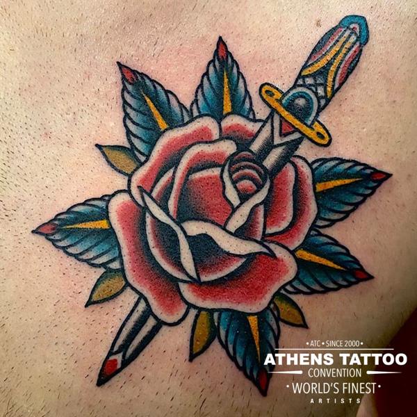 Traditional dagger rose tattoo by @fontascast