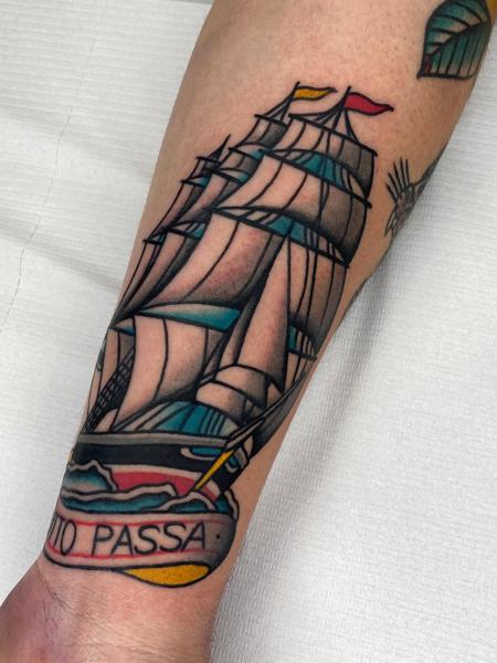 Traditional sailing ship tattoo by @fontascast