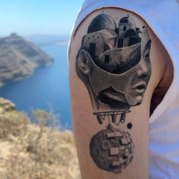 Surrealism architectural face tattoo by @void96_tattoo