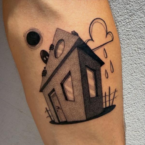Illustrative house with cloud tattoo by @void96_tattoo