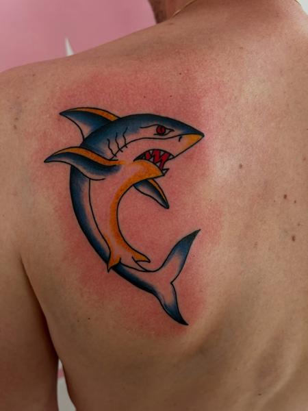 Traditional colorful shark tattoo by @frankiefasthands.ttt
