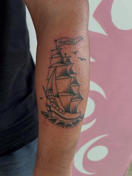 Traditional sailing ship tattoo by @frankiefasthands.ttt