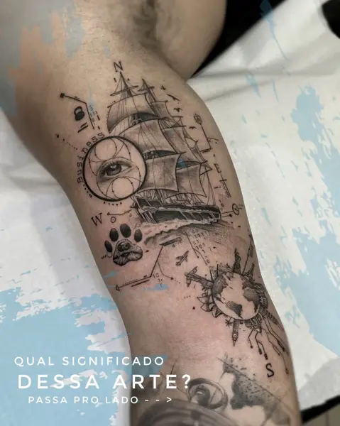 Illustrative blackwork ship globe eye tattoo by @gabrielfernandestatuador