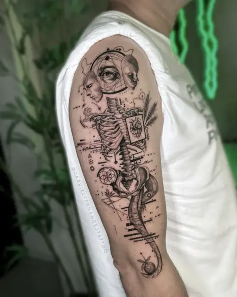 Illustrative surreal skeleton faces tattoo by @gabrielfernandestatuador