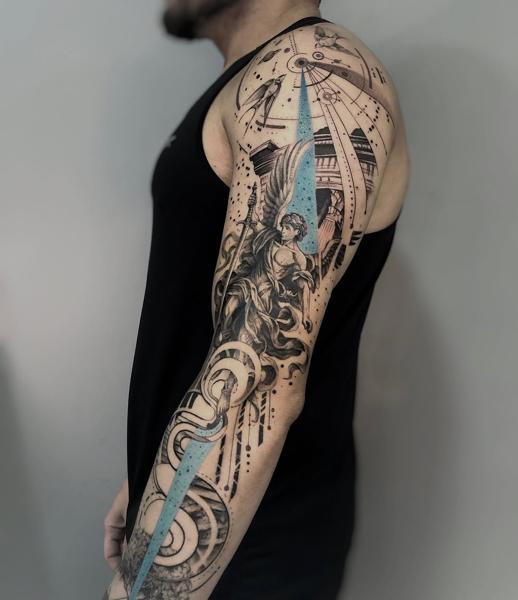 Illustrative angelic warrior tattoo by @gabrielfernandestatuador