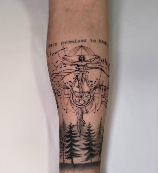Fine line vitruvian geometric forest tattoo by @gabrielfernandestatuador