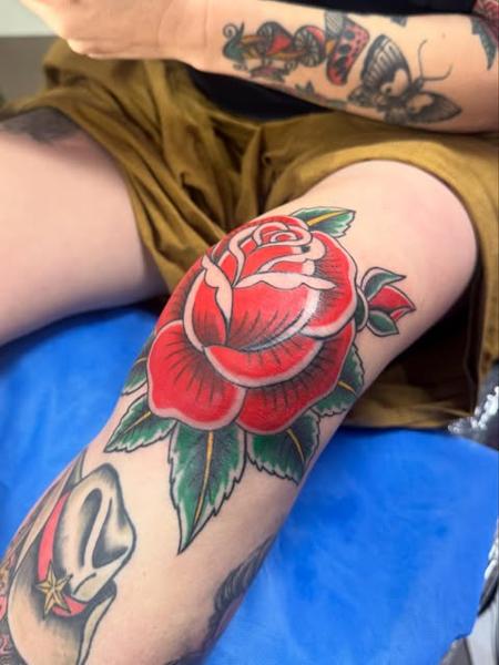 Traditional traditional rose tattoo by @gayle.inklore