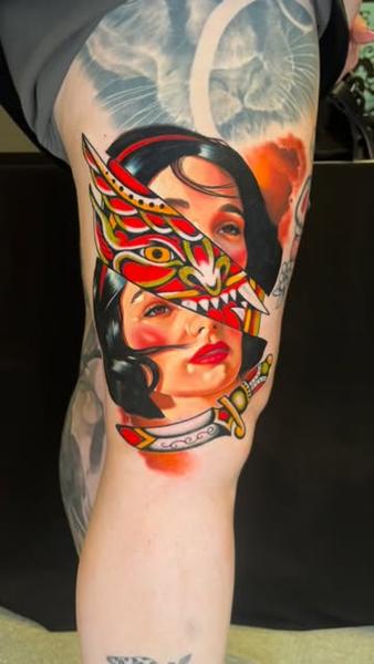 Neo-traditional woman with mask tattoo by @geeetattoos