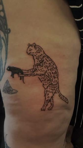 Blackwork cat holding cat tattoo by @fkry_tattoo