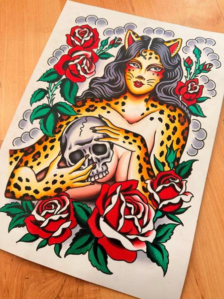 Traditional leopard woman skull tattoo by @gemcartertattoo