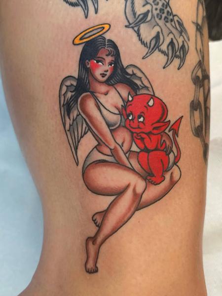 Neo-traditional pin-up angel devil tattoo by @gemcartertattoo