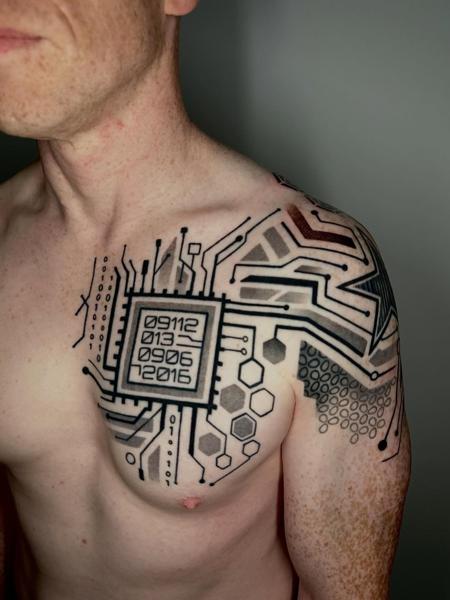 Geometric circuit board tattoo by @gempintattoo