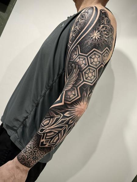 Geometric geometric sleeve tattoo by @gempintattoo
