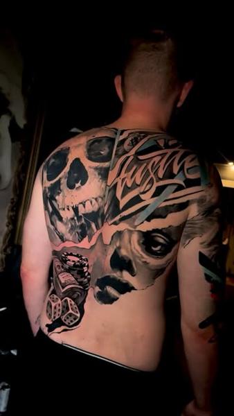 Realism skull collage tattoo by @daskgeorge
