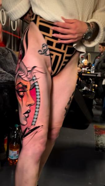 Neo-traditional abstract face tattoo by @daskgeorge