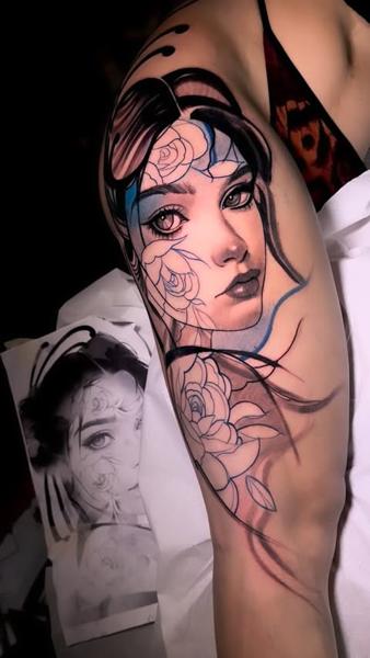 Illustrative woman with roses tattoo by @daskgeorge
