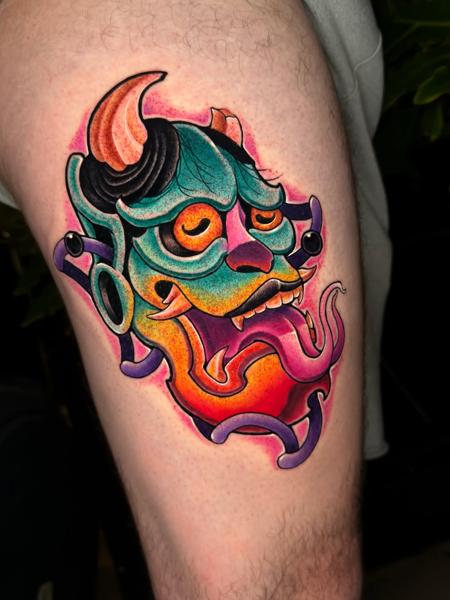 Neo-traditional oni mask tattoo by @taish.one