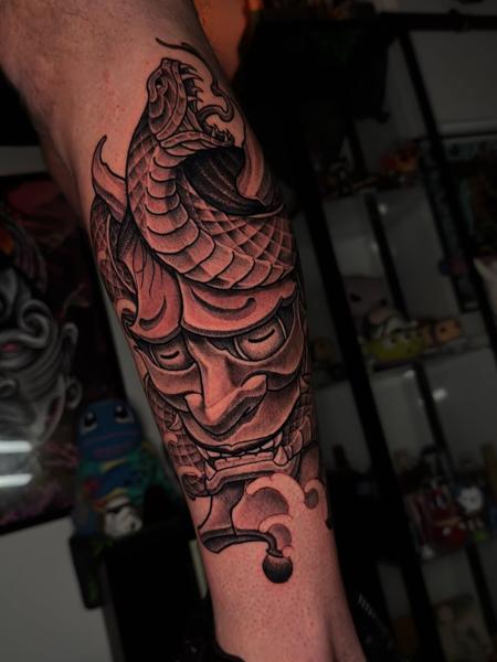 Japanese snake and mask tattoo by @taish.one