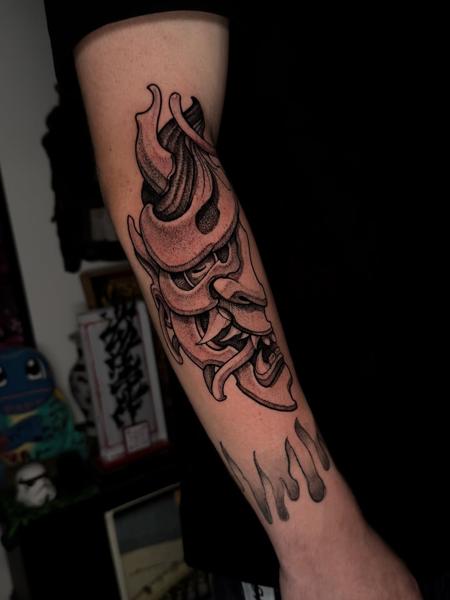 Japanese japanese mask tattoo by @taish.one