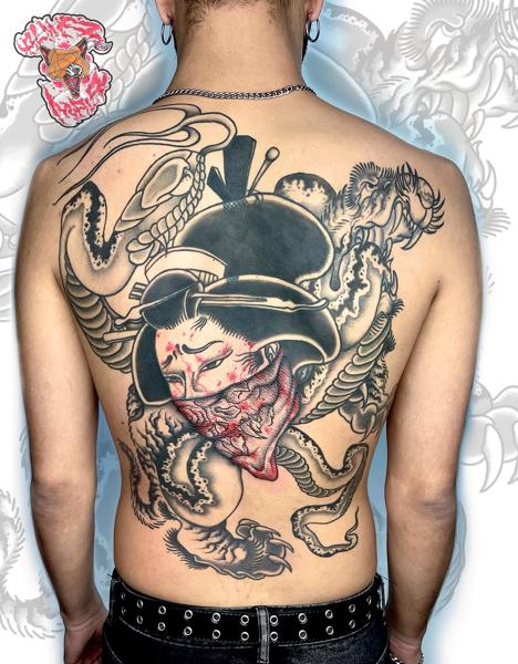 Japanese oni geisha dragon tattoo by @alma_mala_tattoo