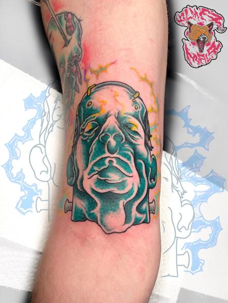 Neo-traditional frankenstein head tattoo by @alma_mala_tattoo