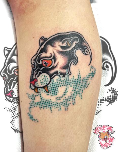 Neo-traditional pixelated panther tattoo by @alma_mala_tattoo