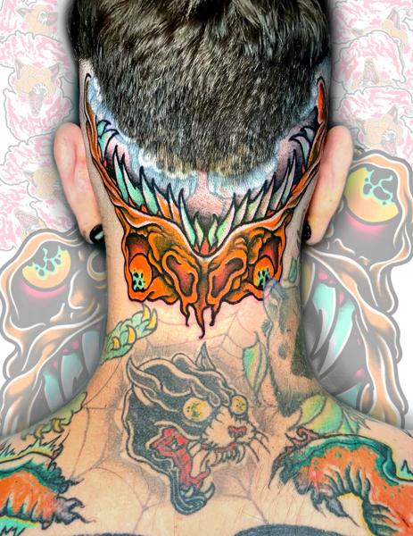 Neo-traditional demonic mask tattoo by @alma_mala_tattoo