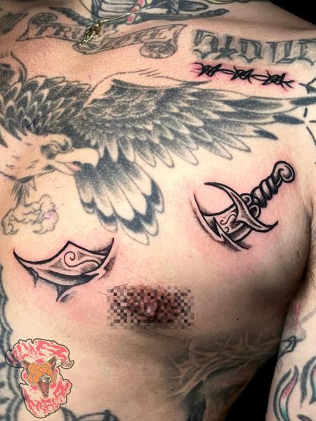 Blackwork tribal symbols tattoo by @alma_mala_tattoo