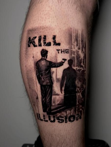 Realism man with gun tattoo by @gekodivine