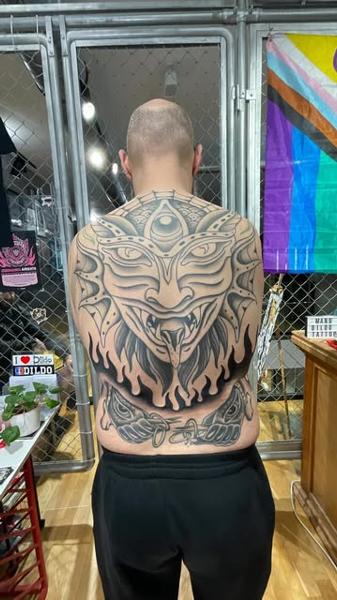 Blackwork demonic face tattoo by @george_thirst