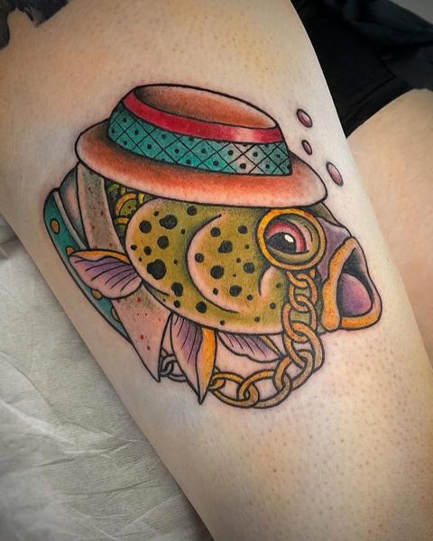Traditional fish with hat tattoo by @george_thirst