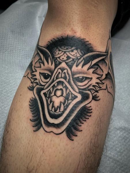 Traditional demon face tattoo by @george_thirst