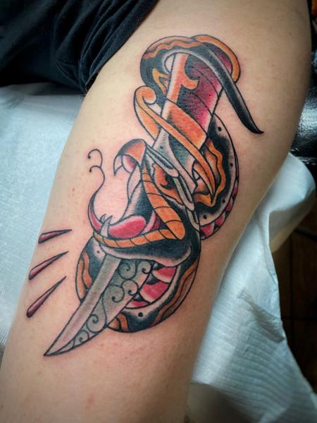 Traditional snake dagger tattoo by @george_thirst