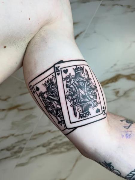 Traditional king playing cards tattoo by @gatostattoo_