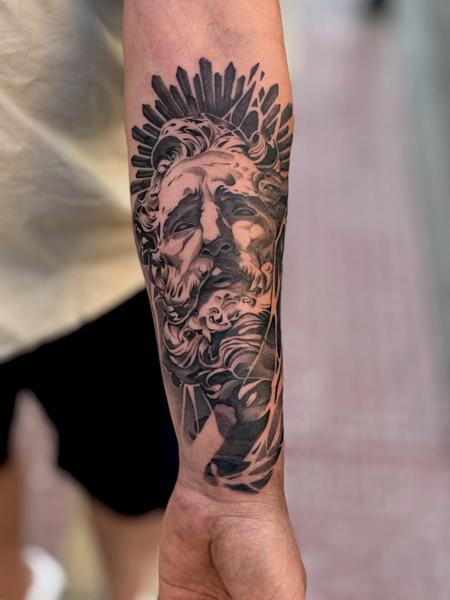 Realism greek god tattoo by @gatostattoo_