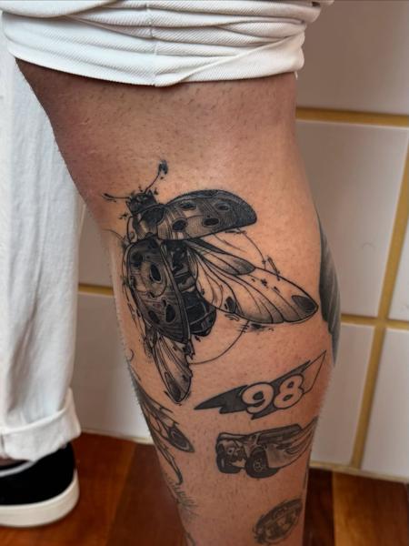 Realism detailed beetle tattoo by @gatostattoo_