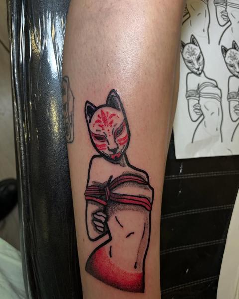 Illustrative bound fox figure tattoo by @agave_tattoo