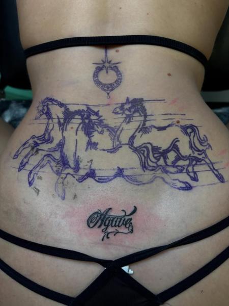 Illustrative running horses tattoo by @agave_tattoo