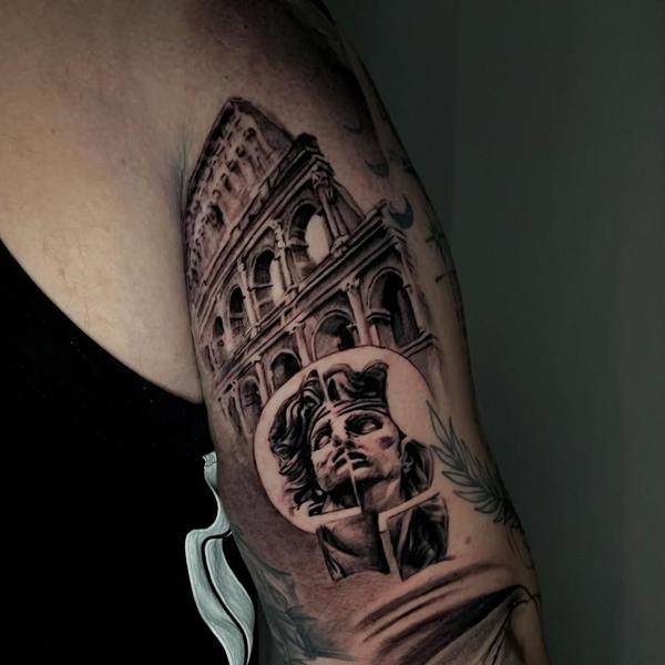 Realism roman architecture tattoo by @kazatattoos