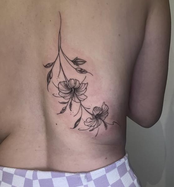 Fine line floral design tattoo by @kazatattoos