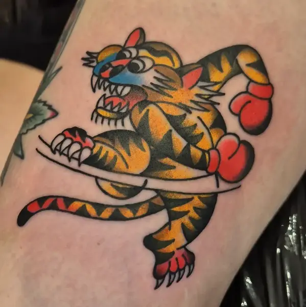 Traditional boxing tiger tattoo by @georgiamarshalltattoo