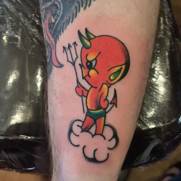 Traditional cartoon devil tattoo by @georgiamarshalltattoo