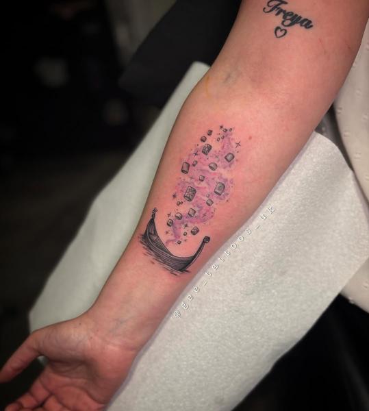 Illustrative lantern boat tattoo by @gee_tattoos_uk